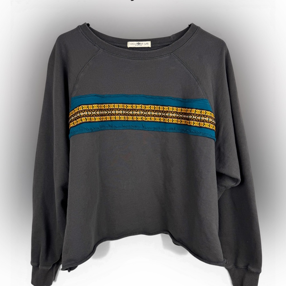 Natural Life Cropped Gray Sweatshirt Dolman Sleeve Woven Tapestry Band Size L/XL